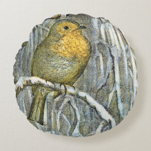 Vintage Robin bird on a snowy branch Round Cushion