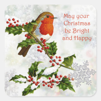 Vintage Robin, holly, snowflake Christmas Square Sticker