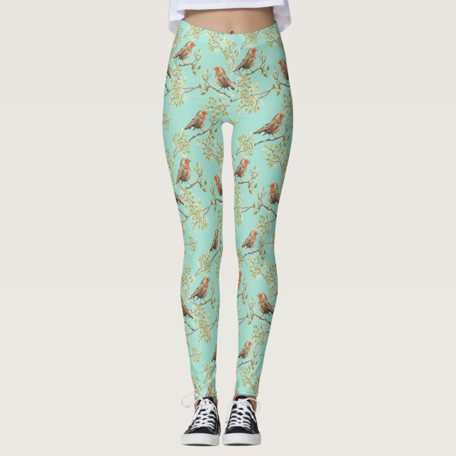 Vintage Robin Readbreast Art Pattern Leggings (Front)
