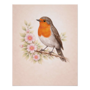Vintage Robin Redbreast Botanical Bird Nursery Poster