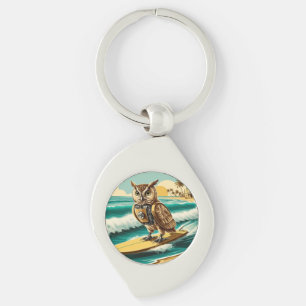 Vintage robot owl surfing on the beach key ring