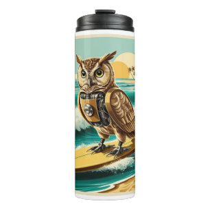 Vintage robot owl surfing on the beach thermal tumbler