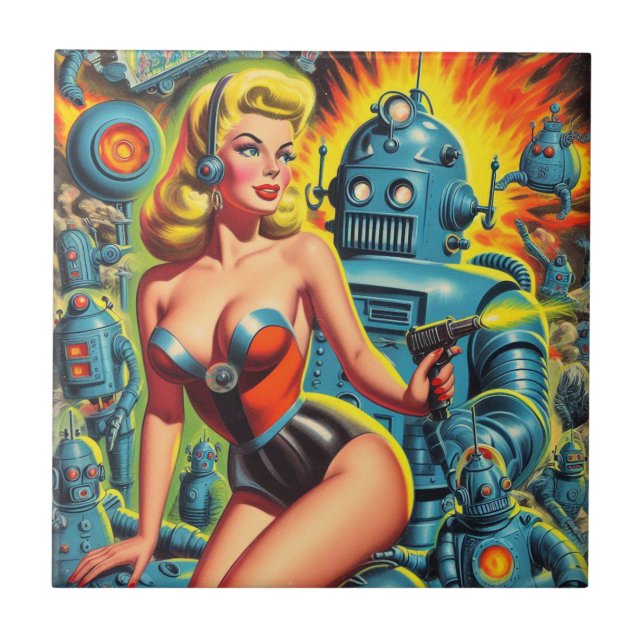 Vintage Robot Sci-Fi Pin-up Ceramic Tile (Front)