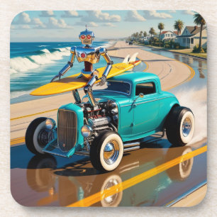 vintage robot with a surfboard , on the beach coaster