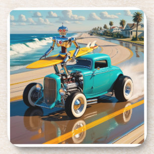 vintage robot with a surfboard , on the beach coaster