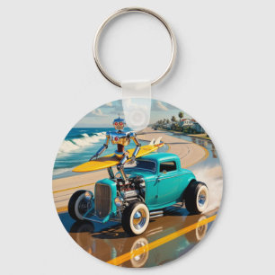 vintage robot with a surfboard , on the beach key ring
