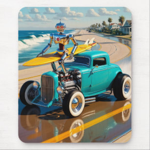 vintage robot with a surfboard , on the beach mouse pad