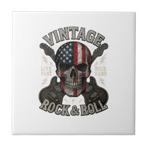 Vintage Rock Skull American Flag Guitar Retro Rock Ceramic Tile