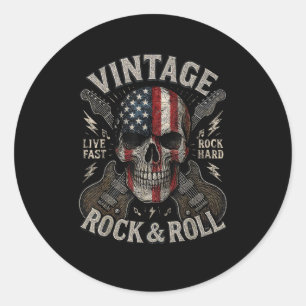 Vintage Rock Skull American Flag Guitar Retro Rock Classic Round Sticker