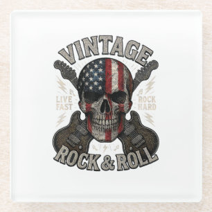 Vintage Rock Skull American Flag Guitar Retro Rock Glass Coaster