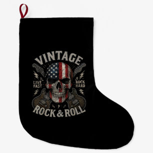 Vintage Rock Skull American Flag Guitar Retro Rock Large Christmas Stocking