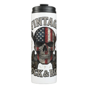 Vintage Rock Skull American Flag Guitar Retro Rock Thermal Tumbler