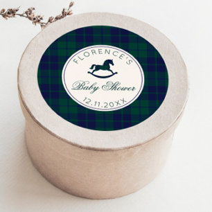 Vintage Rocking Horse Classic Plaid Baby Shower Round Sticker
