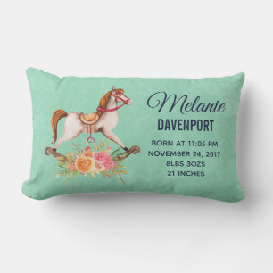 Vintage Rocking Horse & Floral Bouquet Baby Birth Lumbar Cushion