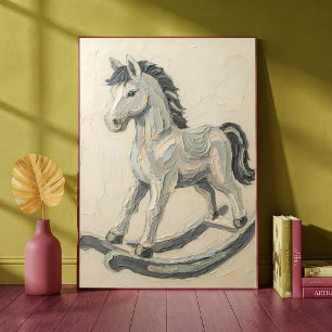 Vintage Rocking Horse Impasto Oil Painting Nursery Poster