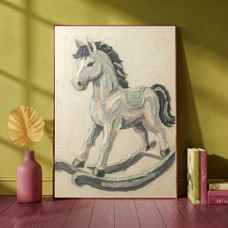 Vintage Rocking Horse Impasto Oil Painting Nursery Poster