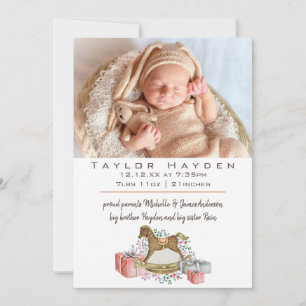 Vintage Rocking Horse Photo Birth Announcement