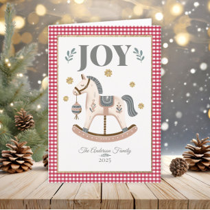 Vintage Rocking Horse Red Gingham Heirloom Joy  Holiday Card