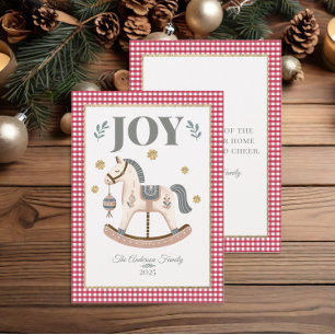 Vintage Rocking Horse Red Gingham Joy Christmas Holiday Card