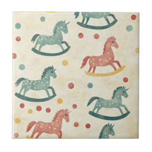 Vintage Rocking Horse Rust Plaid Nursery Pattern Ceramic Tile