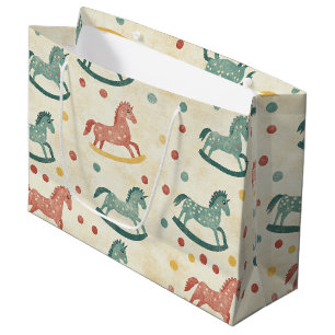 Vintage Rocking Horse Rust Plaid Nursery Pattern Large Gift Bag