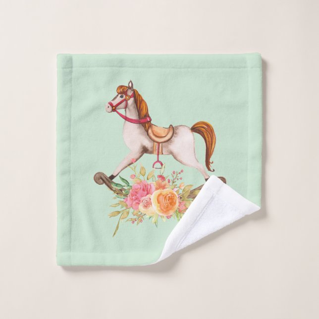 Vintage Rocking Horse with Floral Bouquet Bath Towel Set (Wash Cloth)