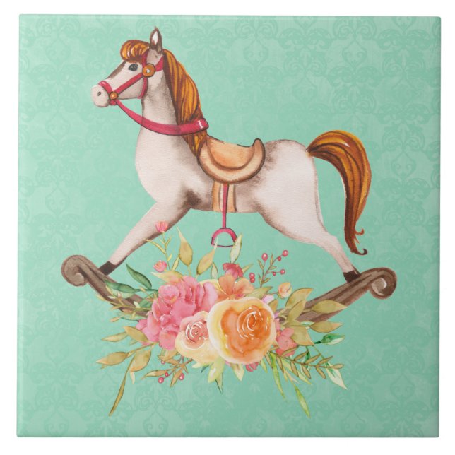 Vintage Rocking Horse with Floral Bouquet Ceramic Tile (Front)
