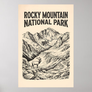 Vintage Rocky Mountain Elk Woodcut Poster