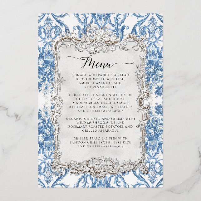Vintage Rococo Floral Blue White Dinner Menu (Front)