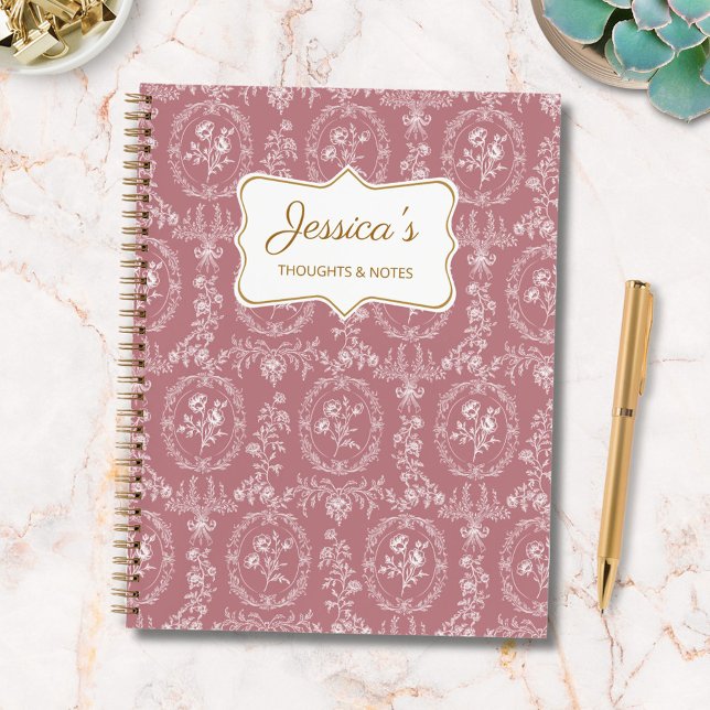 Vintage Rococo Flowers Floral Personalised Name Notebook (In situ)