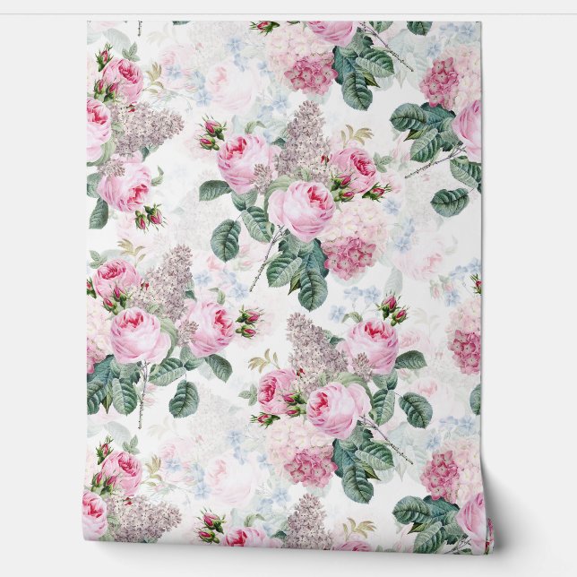 Vintage Rococo Roses Bouquets Garden Wallpaper (Unrolling)