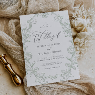Vintage Rococo Sage Line Art Wedding Invitation
