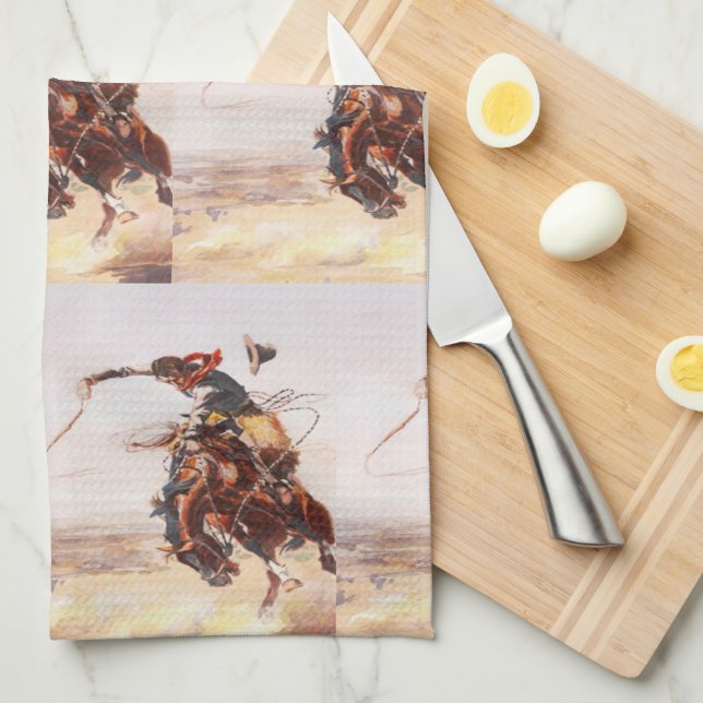 Vintage Rodeo Cowboy Bronc Rider  Tea Towel (Quarter Fold)