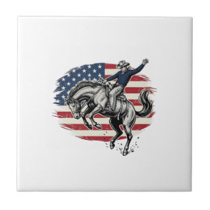 Vintage Rodeo Cowboy Patriotic Horse Rider Vector_ Ceramic Tile