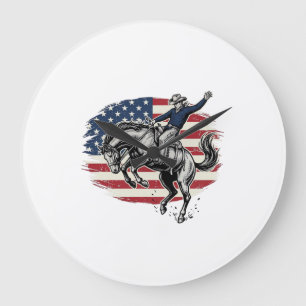 Vintage Rodeo Cowboy Patriotic Horse Rider Vector_ Large Clock