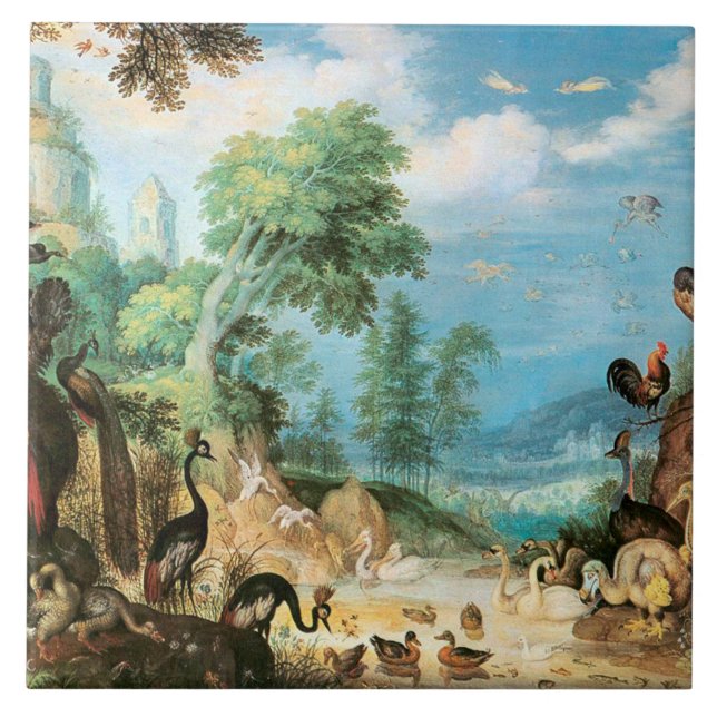 Vintage Roelant Savery Landscape with Birds Ceramic Tile (Front)