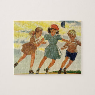 Vintage Roller Skating Fun Children Boys and Girls Jigsaw Puzzle