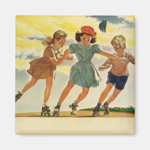 Vintage Roller Skating Fun Children Boys and Girls Magnet