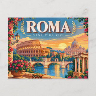 Vintage Roma Italy Classic Roman and Golden Sunset Holiday Postcard