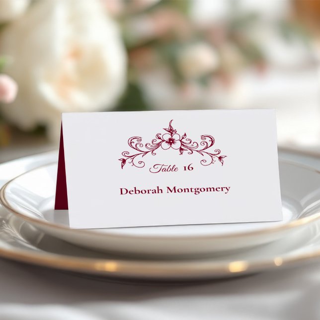 Vintage Romance Burgundy Floral Wedding Place Card (Creator Uploaded)