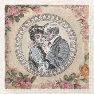 Vintage Romance Couple: Antique Roses Girly Love Glass Coaster