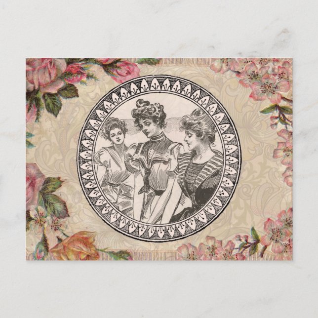  Vintage Romance Couple: Antique Roses Girly Love Postcard (Front)