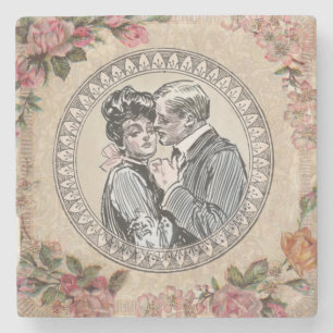 Vintage Romance Couple: Antique Roses Girly Love Stone Coaster