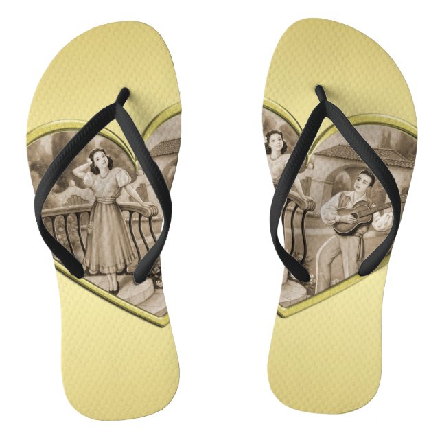 Vintage Romance couple, man and woman, gold Thongs (Footbed)