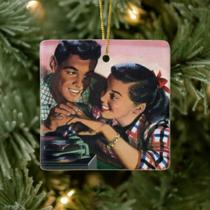 Vintage Romance, High School Sweethearts in Love Ceramic Ornament