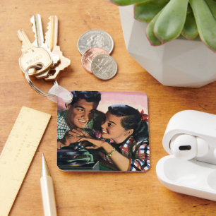 Vintage Romance, High School Sweethearts in Love Key Ring
