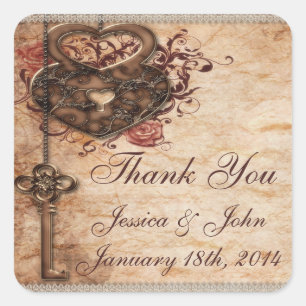 Vintage Romance Key & Hearts Thank You Wedding Square Sticker
