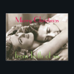 Vintage Romantic Christmas from Both of Us Holiday Postcard<br><div class="desc">Have some fun this Christmas. Vintage romantic black and white photograph of a woman smiling hugging her man to her. Above "Merry Christmas" in hot pink and below "from both of us" in light green</div>