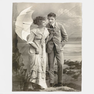 Vintage Romantic Couple with Parasol Fleece Blanket