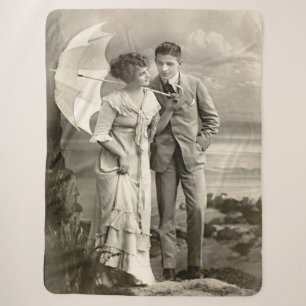 Vintage Romantic Couple with Parasol Sherpa Blanket